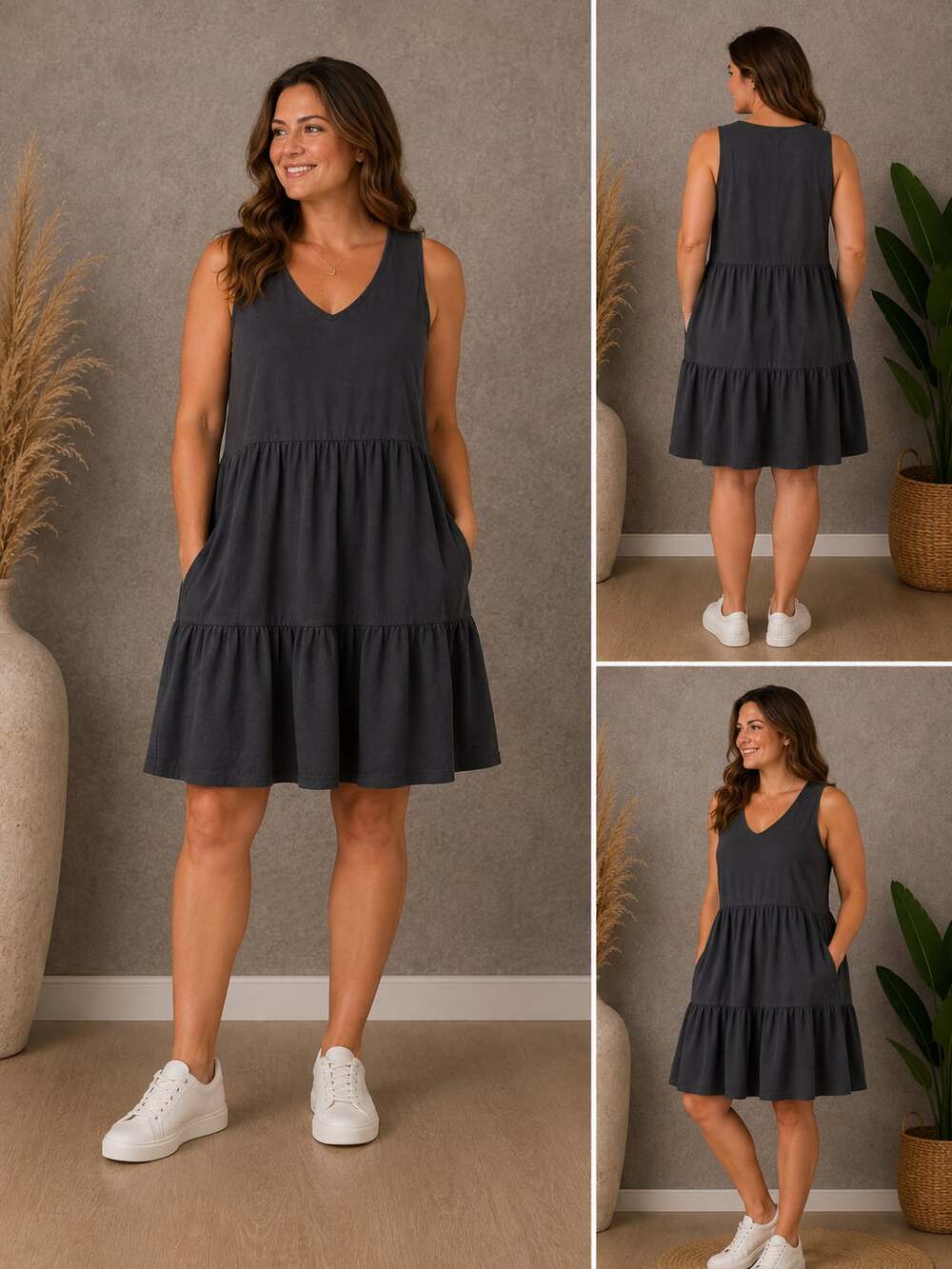Eayouko Womens Summer Casual Tank Dress V-Neck Tiered Swing Mini Pocket Dress
